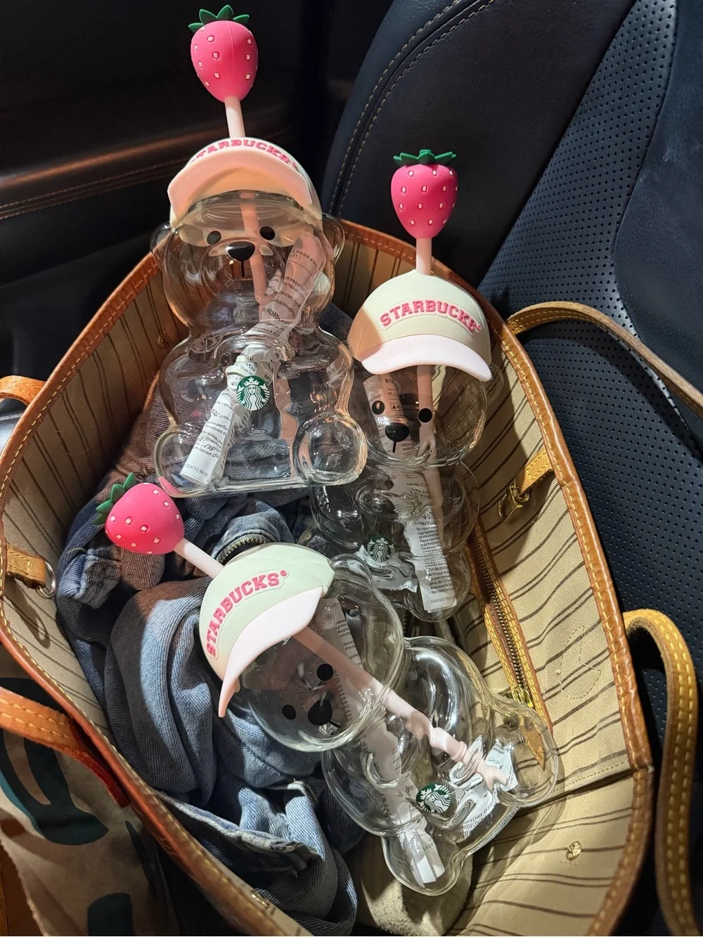 Starbucks Clear Bear Bottle with Pink Strawberry Cap and Cream Hat